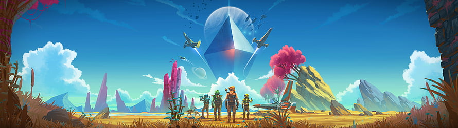 No Man's Sky alien landscape with explorers, spacecraft, and a massive floating crystal under a bright blue sky HD wallpaper