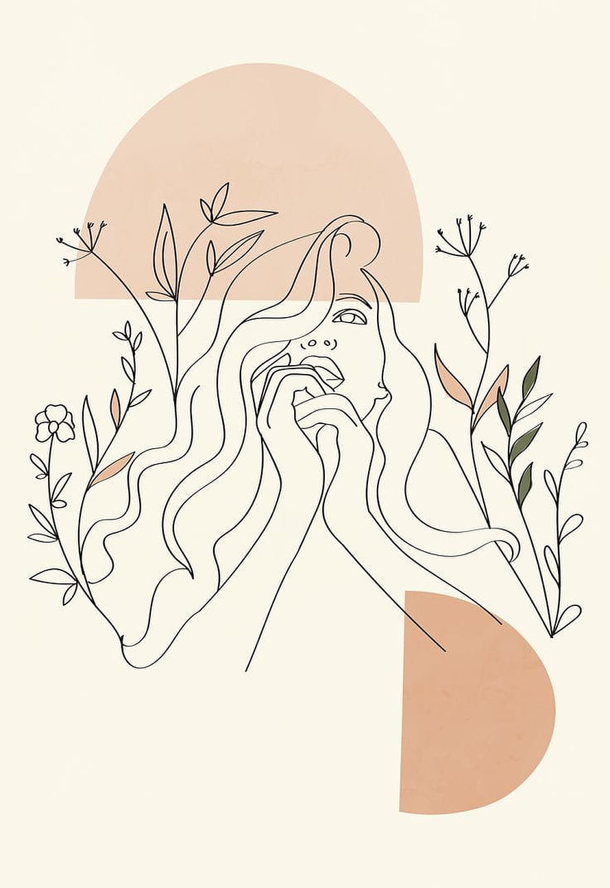 Minimalist continuous line art of a woman with flowing hair and botanical elements HD phone wallpaper