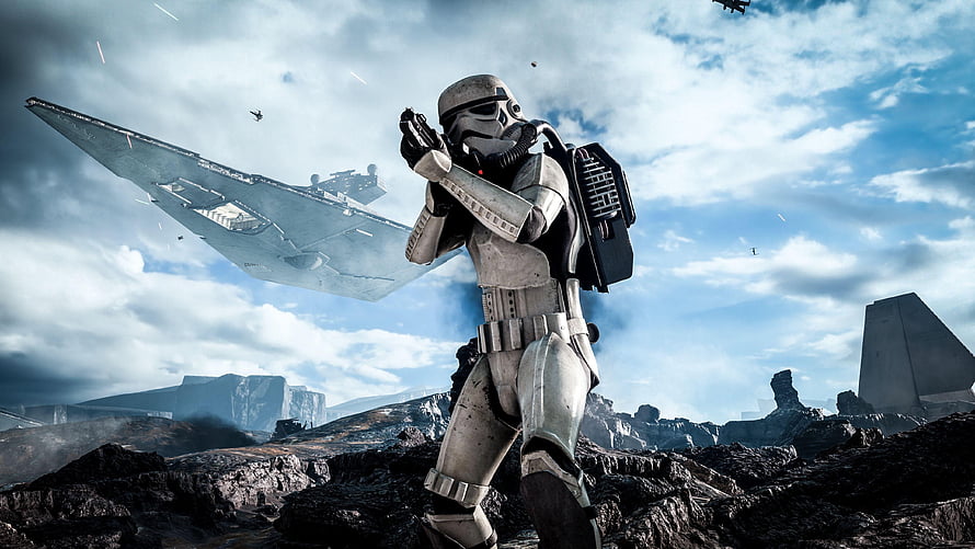 Star Wars Battlefront Stormtrooper on Rocky Battlefield with Imperial Star Destroyer HD wallpaper