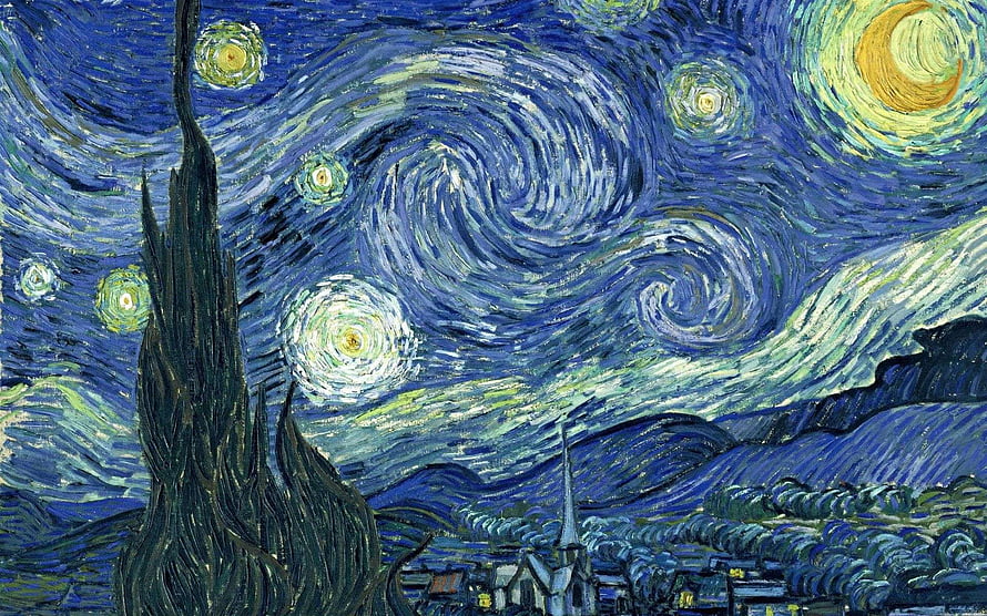Vincent van Gogh's The Starry Night: Swirling Night Sky, Cypress Tree, and Village Landscape HD wallpaper