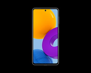 Samsung Galaxy M52 5G smartphone with vibrant 3D abstract geometric shapes on display screen HD wallpaper
