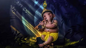 Bal Ganesha Playing Flute and Holding Peacock Feather in a Mystical Forest Setting HD wallpaper