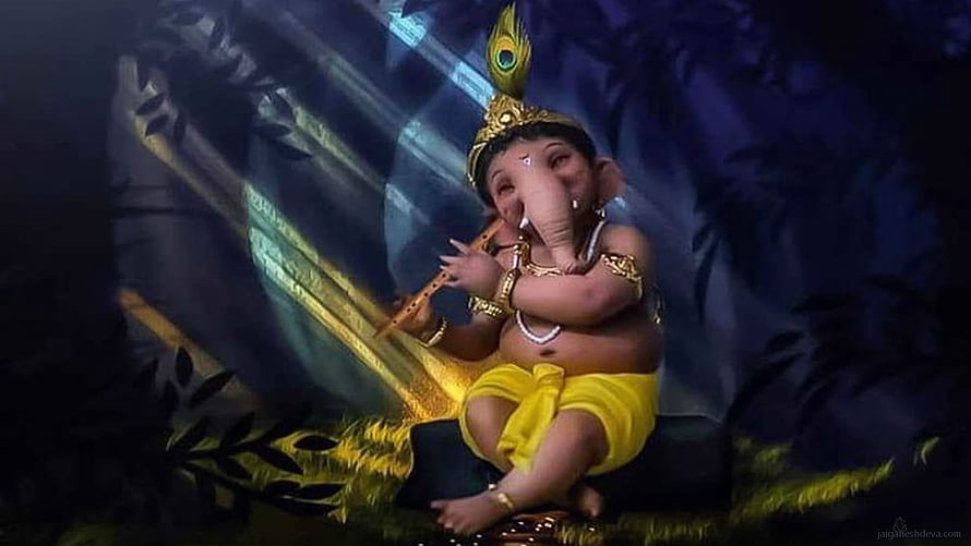 Bal Ganesha Playing Flute and Holding Peacock Feather in a Mystical Forest Setting HD wallpaper