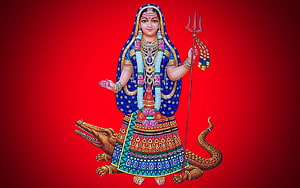 Khodiyar Mataji Deity Illustration with Trishul and Crocodile on Red Background HD wallpaper