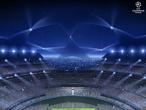 UEFA Champions League Stadium Night Scene with Star Ball Logo and Crowd HD wallpaper