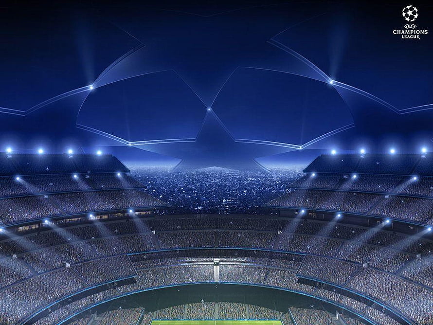 UEFA Champions League Stadium Night Scene with Star Ball Logo and Crowd HD wallpaper