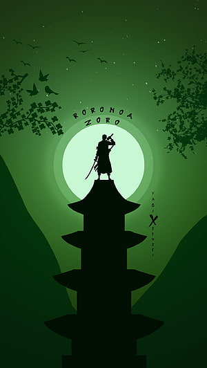 Roronoa Zoro Silhouette Standing on Pagoda Tower Under Full Moon HD phone wallpaper