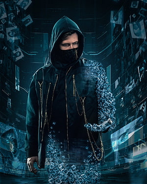 Alan Walker in a dark hoodie with digital glitch effects and floating data particles HD phone wallpaper