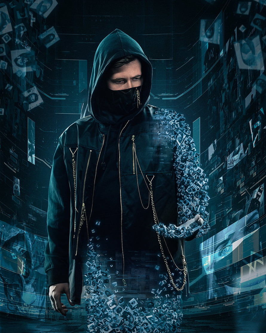 Alan Walker in a dark hoodie with digital glitch effects and floating data particles HD phone wallpaper