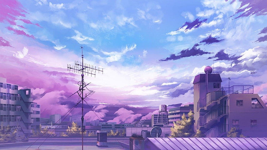 Anime Rooftop Cityscape with Purple Sky and Antennas HD wallpaper