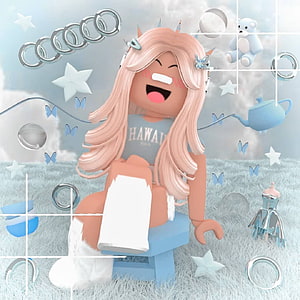 Cheerful Roblox Avatar with Pink Hair in a Dreamy Pastel Blue Fantasy Landscape HD phone wallpaper