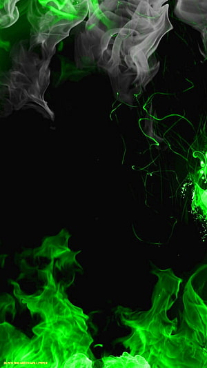 Vibrant Green and White Smoke Swirling Against a Deep Black Background HD phone wallpaper