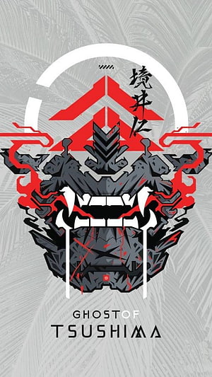 Ghost of Tsushima Stylized Oni Mask Artwork with Red and Black Geometric Design HD phone wallpaper