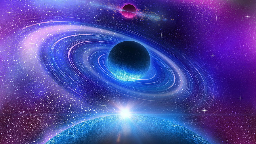 Vibrant Cosmic Scene Featuring Ringed Planet, Nebula, and Starfield in Purple and Blue Hues HD wallpaper