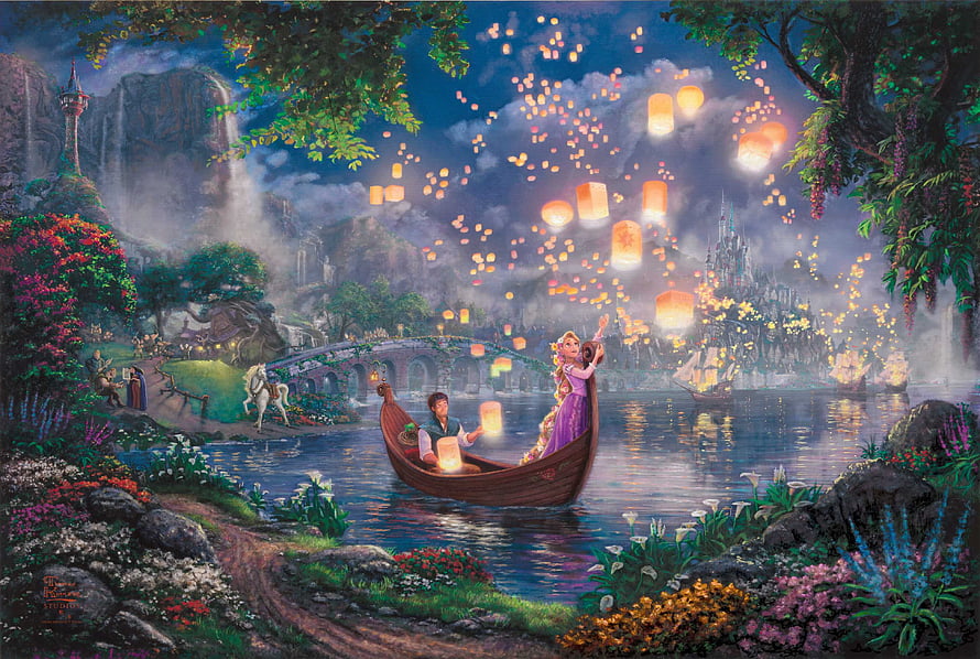 Disney Princess and Prince in a Boat Releasing Sky Lanterns at Night HD wallpaper