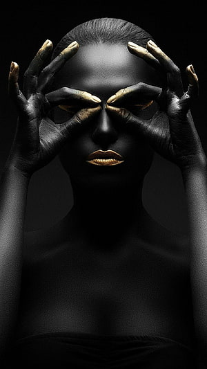 Black and Gold Body Art Portrait with Hands Framing the Face HD phone wallpaper