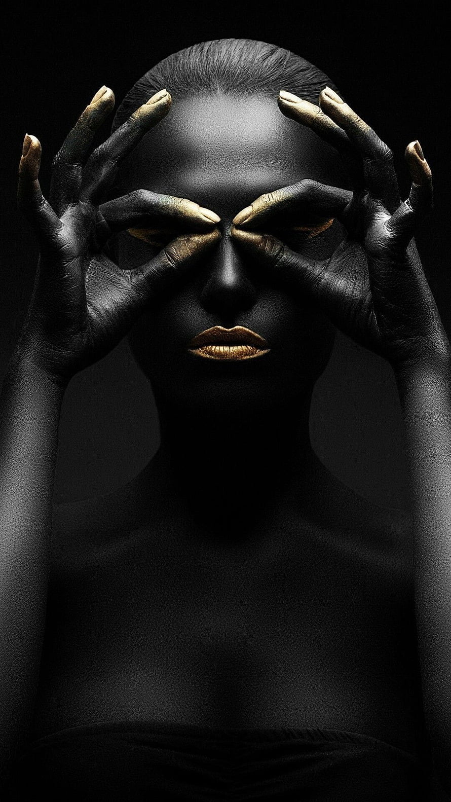 Black and Gold Body Art Portrait with Hands Framing the Face HD phone wallpaper