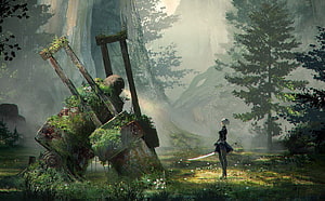 NieR Automata 2B Standing in Misty Forest with Overgrown Machinery HD wallpaper