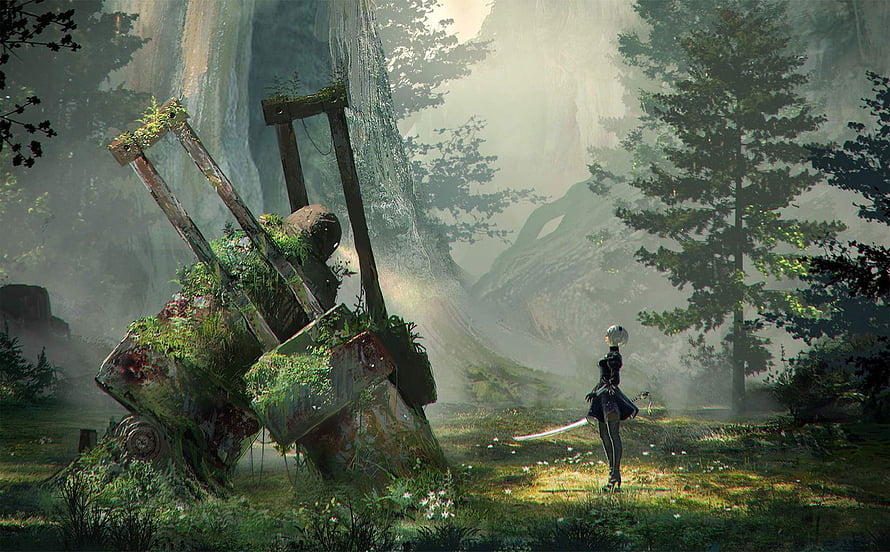 NieR Automata 2B Standing in Misty Forest with Overgrown Machinery HD wallpaper