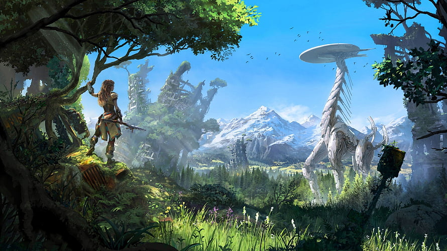 Aloy and Tallneck in the Lush Wilderness of Horizon Zero Dawn HD wallpaper