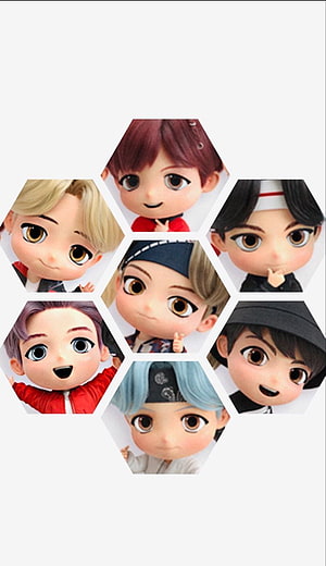 BTS Tiny Tan Chibi Dolls in Hexagonal Grid Layout HD phone wallpaper