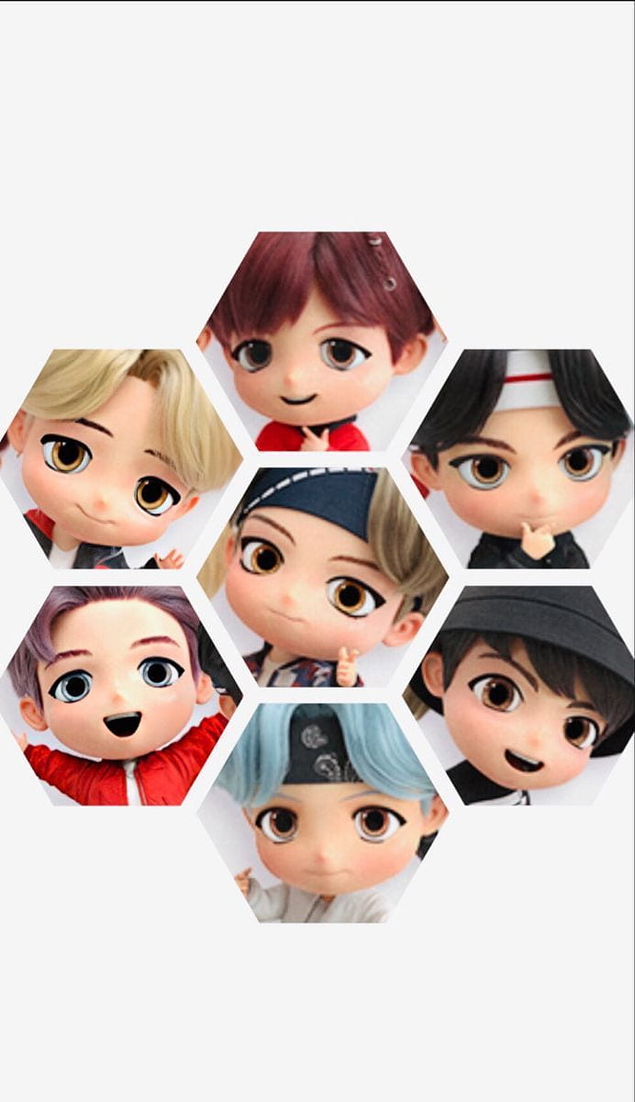 BTS Tiny Tan Chibi Dolls in Hexagonal Grid Layout HD phone wallpaper