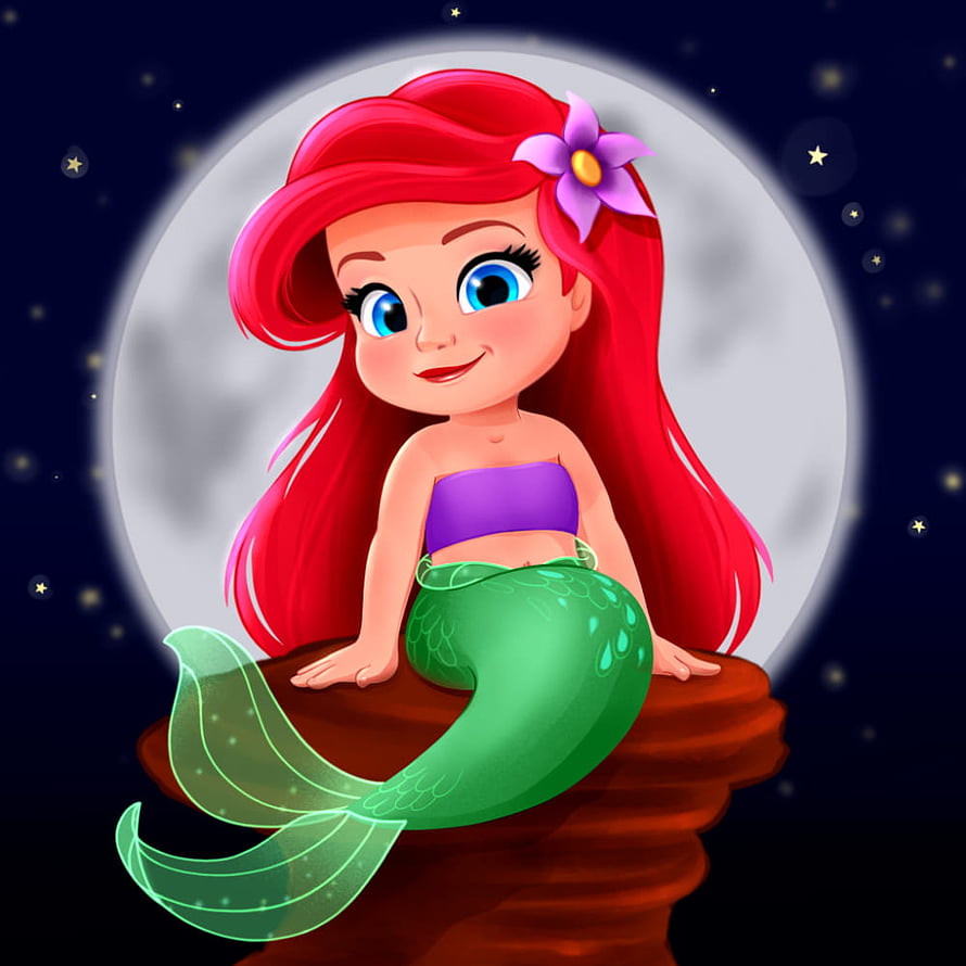 Cute Baby Ariel Mermaid Sitting on Rock Under Full Moon HD phone wallpaper