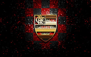 CR Flamengo Gold Shield Emblem on Red and Black Mosaic Checkered Background HD wallpaper