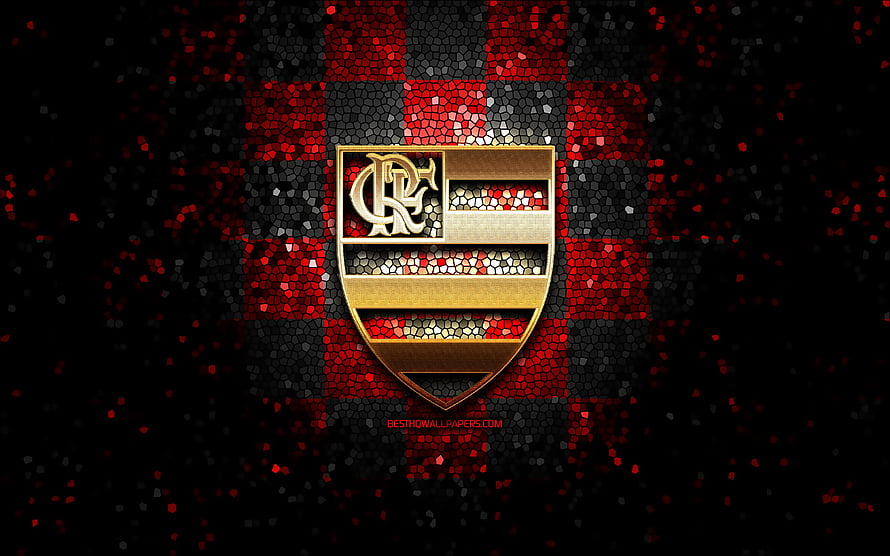 CR Flamengo Gold Shield Emblem on Red and Black Mosaic Checkered Background HD wallpaper
