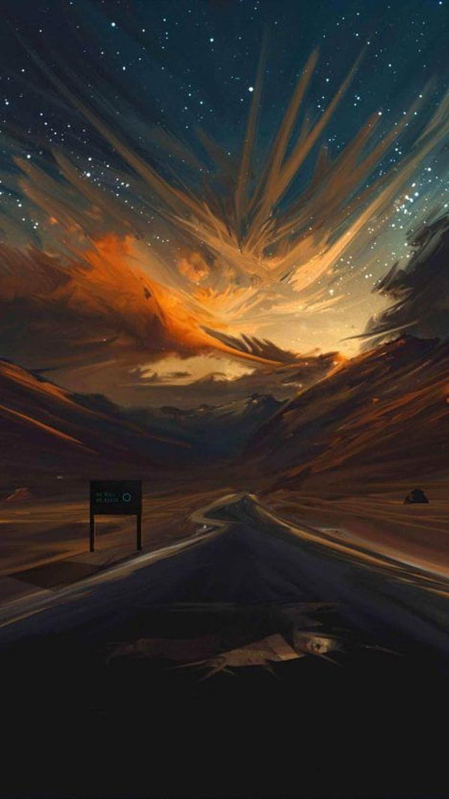 Desolate Highway Under a Dramatic Starry Sky with Fiery Nebula and Distant Mountains HD phone wallpaper