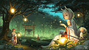 Anime Girls in a Glowing Forest with Torii Gate and Lanterns HD wallpaper