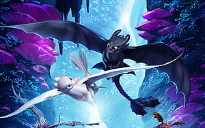 Toothless and Light Fury Soaring Through Bioluminescent Caves in How To Train Your Dragon The Hidden World HD wallpaper