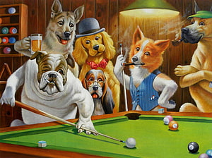 Dogs Playing Pool Billiards Oil Painting with Cigarettes and Beer in a Cozy Tavern Setting HD wallpaper