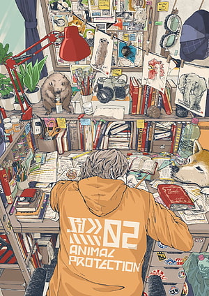 Anime Illustration of Student Studying at Cluttered Desk with Animal Sketches HD phone wallpaper
