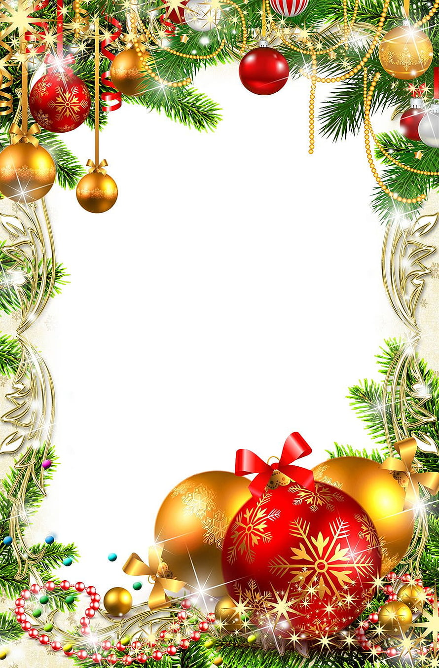 Festive Christmas Ornament Frame with Pine Branches and Gold Baubles HD phone wallpaper