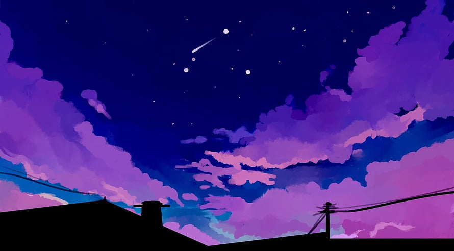 Purple Night Sky with Shooting Stars and Clouds Over Silhouetted Rooftop HD wallpaper