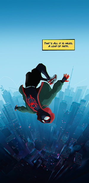 Miles Morales Spider-Man Falling Leap of Faith Over City Skyline, Leap Of Faith Spiderman HD phone wallpaper