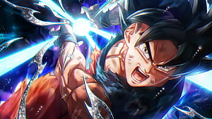 Goku Super Saiyan Blue Battle Artwork with Energy Blast and Cosmic Background HD wallpaper