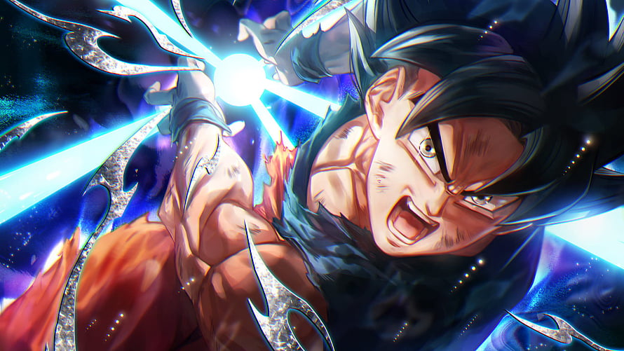Goku Super Saiyan Blue Battle Artwork with Energy Blast and Cosmic Background HD wallpaper