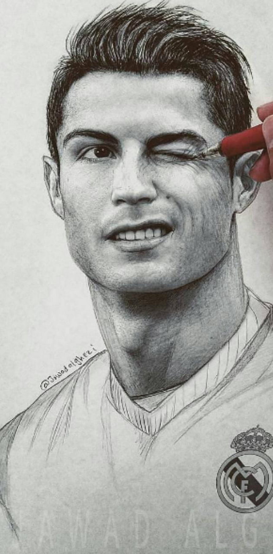 Cristiano Ronaldo Real Madrid Portrait Pencil Sketch with Red Pen Detail HD phone wallpaper
