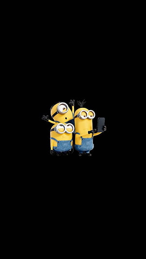 Two Minions Taking a Selfie on a Smartphone Against a Black Background HD phone wallpaper