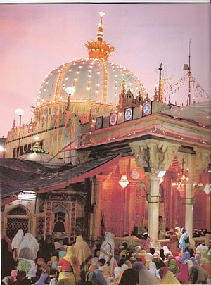 Ajmer Sharif Dargah at Dusk with Devotees and Illuminated Dome HD phone wallpaper