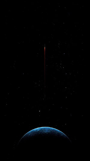 Minimalist Space Scene with Blue Planet and Red Streak Against Starry Black Background HD phone wallpaper