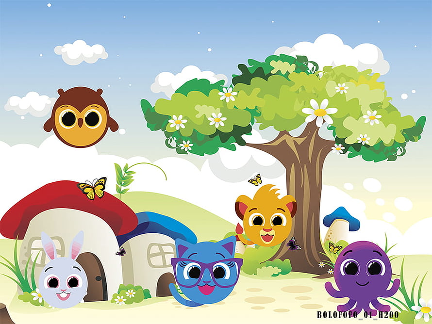 Bolofofo Cartoon Characters in a Whimsical Garden with Mushroom Houses and a Flowering Tree HD wallpaper