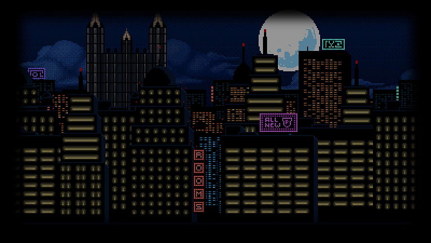 Retro Pixel Art Cityscape at Night with Neon Signs and Full Moon HD wallpaper