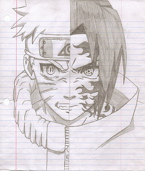 Naruto and Sasuke Split Face Pencil Sketch on Lined Paper HD phone wallpaper