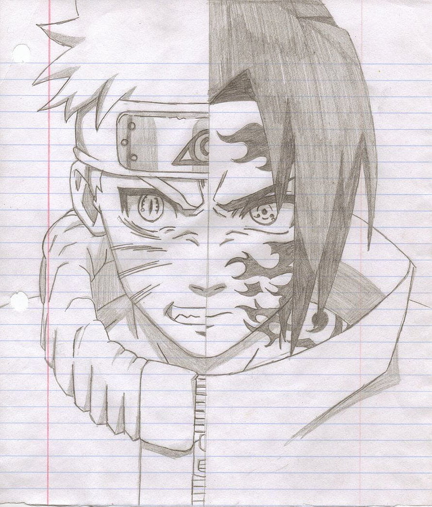 Naruto and Sasuke Split Face Pencil Sketch on Lined Paper HD phone wallpaper