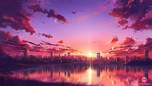 Vibrant Anime Cityscape at Sunset with Lake Reflection and Dramatic Clouds HD wallpaper