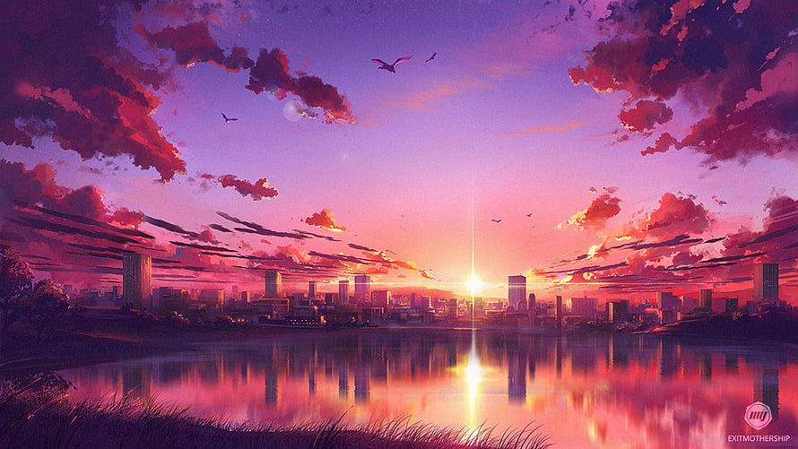 Vibrant Anime Cityscape at Sunset with Lake Reflection and Dramatic Clouds HD wallpaper