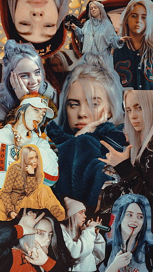 Billie Eilish Multi-Frame Collage Featuring Silver Hair and Streetwear Outfits HD phone wallpaper